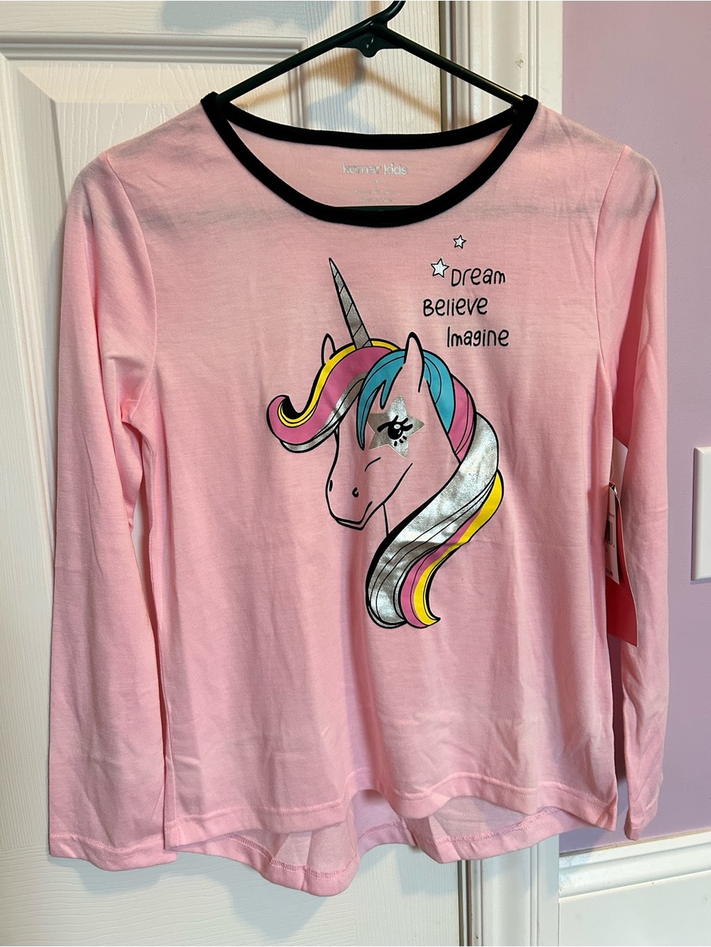 Komar Kids Pink Unicorn Long Sleeve Top with Silver, Yellow, Blue Accents